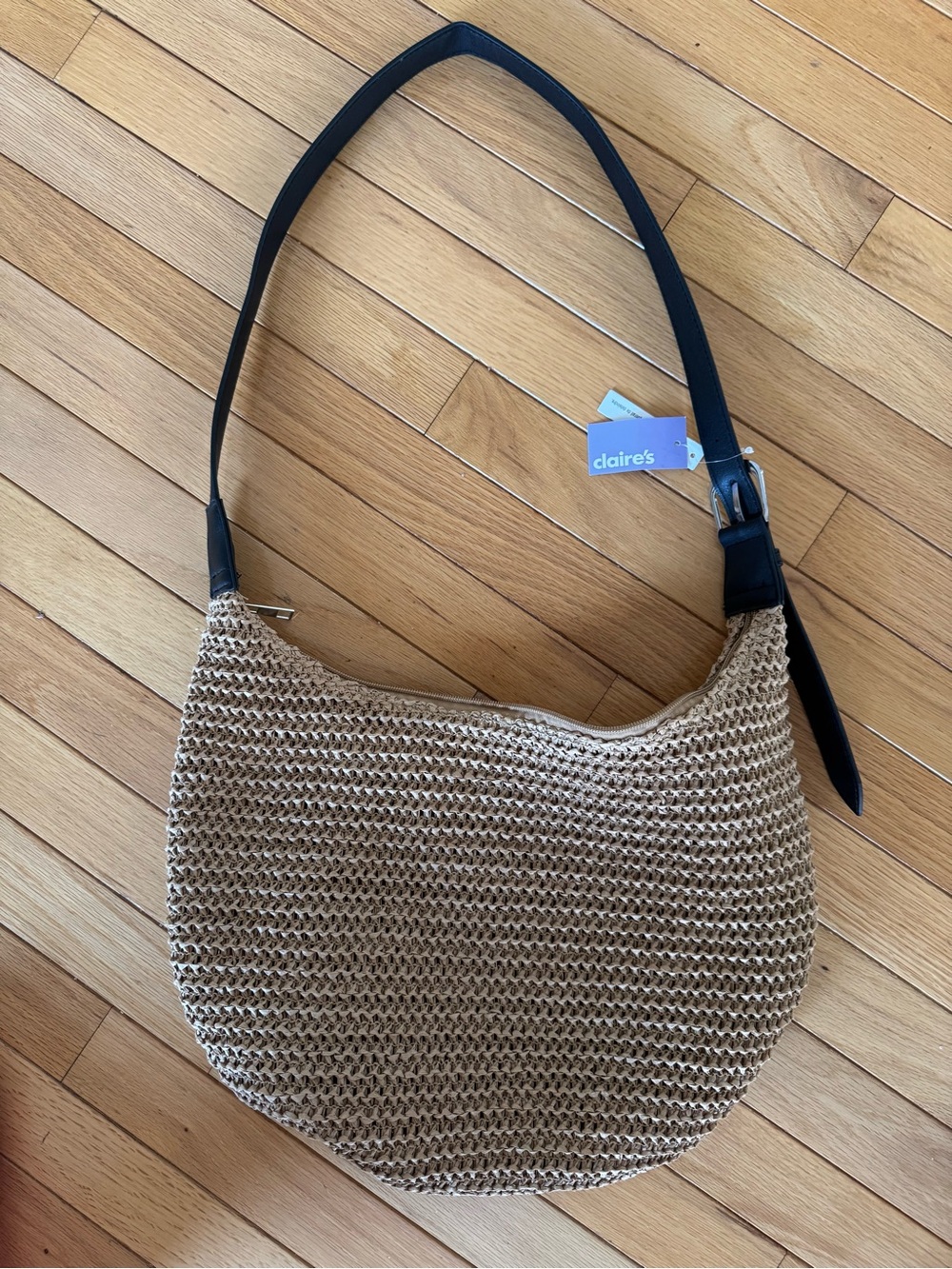 Claire's Boho Beige Woven Shoulder Bag with Black Strap new